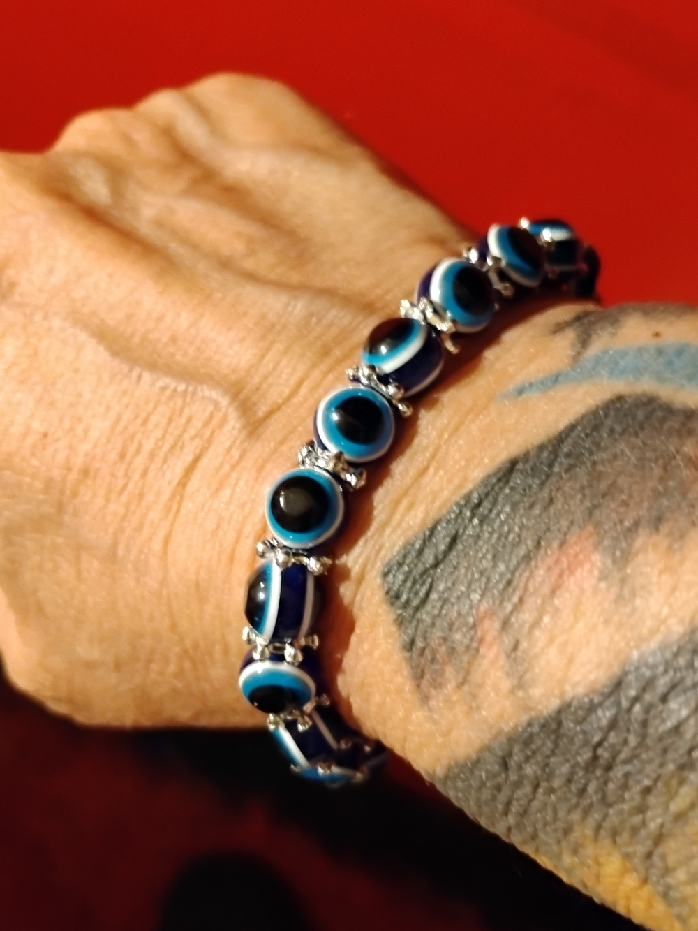 Blue Evil Eye Beaded Bracelet With Silver Owl , Stretchy